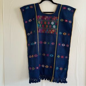 Traditional Long Huipil Blue Handmade Mexican Top Size S